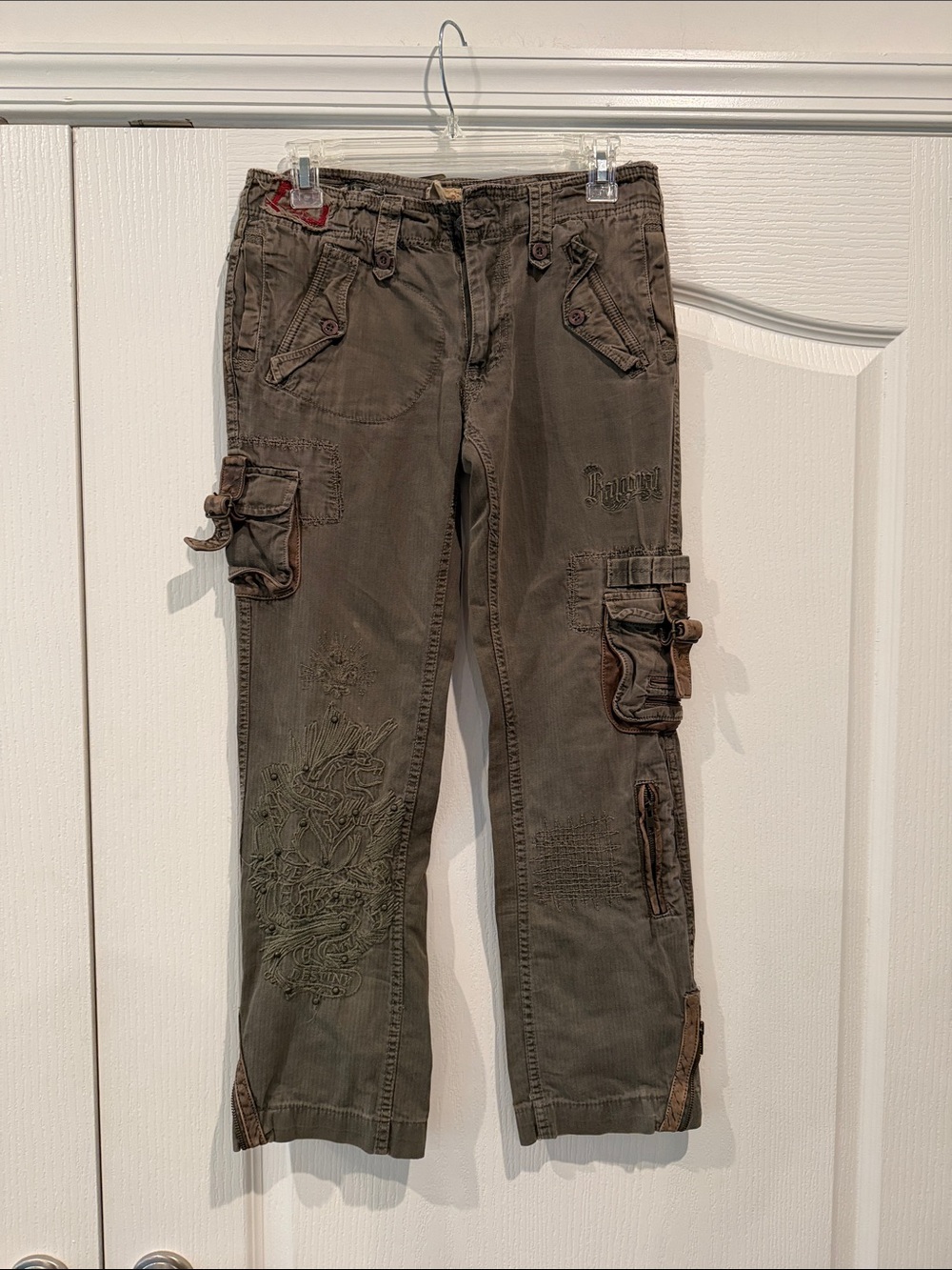 Olive Cargo Pants with Embroidered Detail